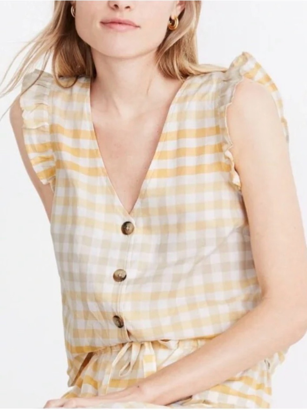 Madewell Yellow Gingham Cropped Ruffle Sleeve Button Front Tank Top Size 6 EUC